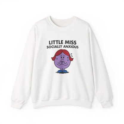 Front view of a white sweatshirt featuring the Little Miss Socially Anxious cartoon graphic. Part of the Little Miss Meme Character Collection. A Vivid Divergence Sensory Friendly Sweater Jumper.
