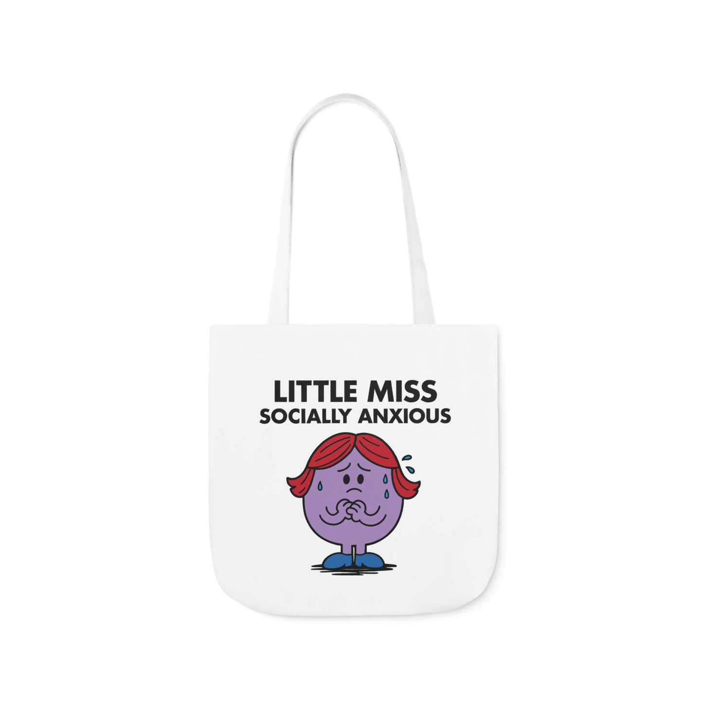 Front view of white canvas tote bag featuring purple character with pink hair, shy smile, and anxious eyes under the text "Little Miss Socially Anxious." She’s overthinking everything she just said. Part of the Vivid Divergence Little Miss Meme Collection!

