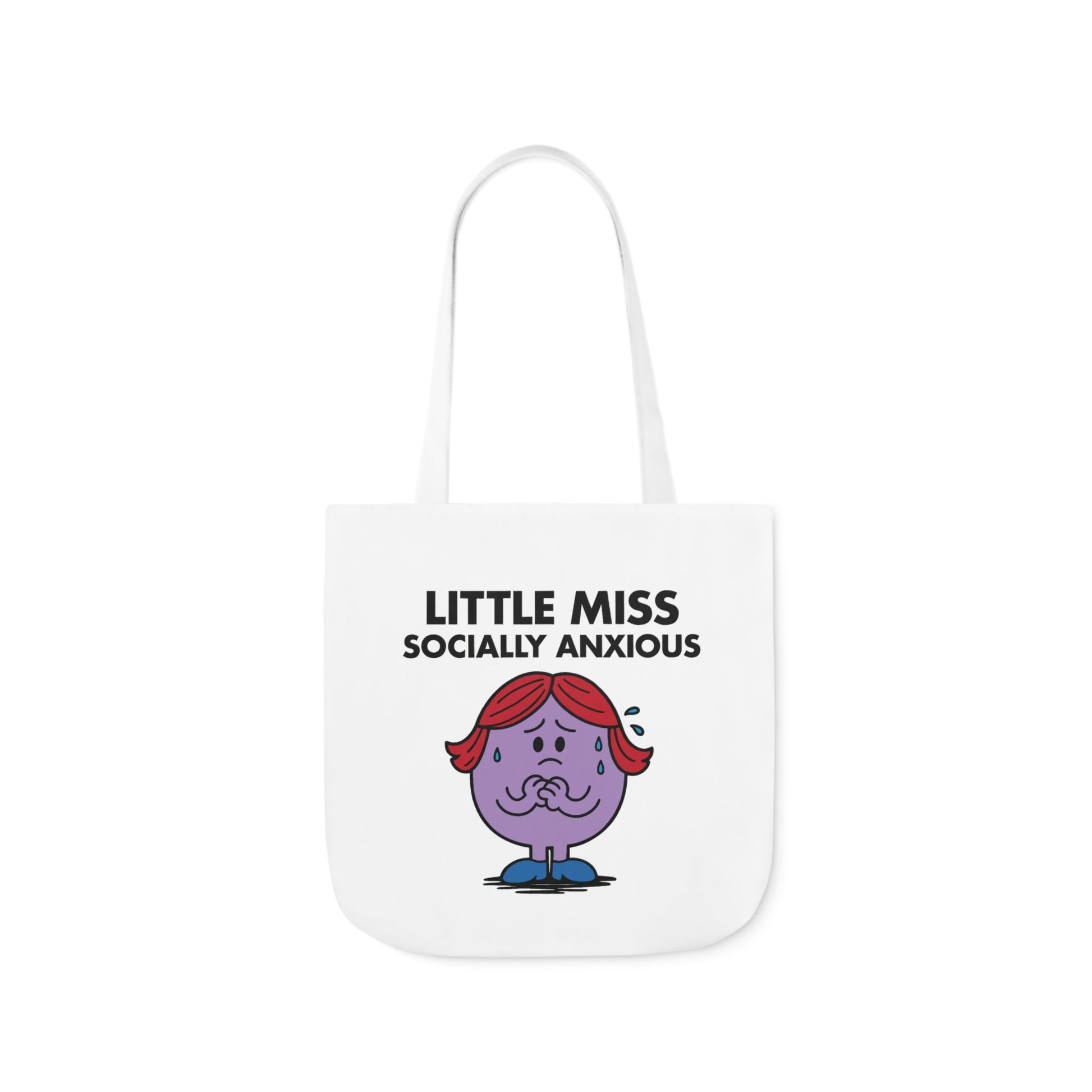 Front view of white canvas tote bag featuring purple character with pink hair, shy smile, and anxious eyes under the text "Little Miss Socially Anxious." She’s overthinking everything she just said. Part of the Vivid Divergence Little Miss Meme Collection!
