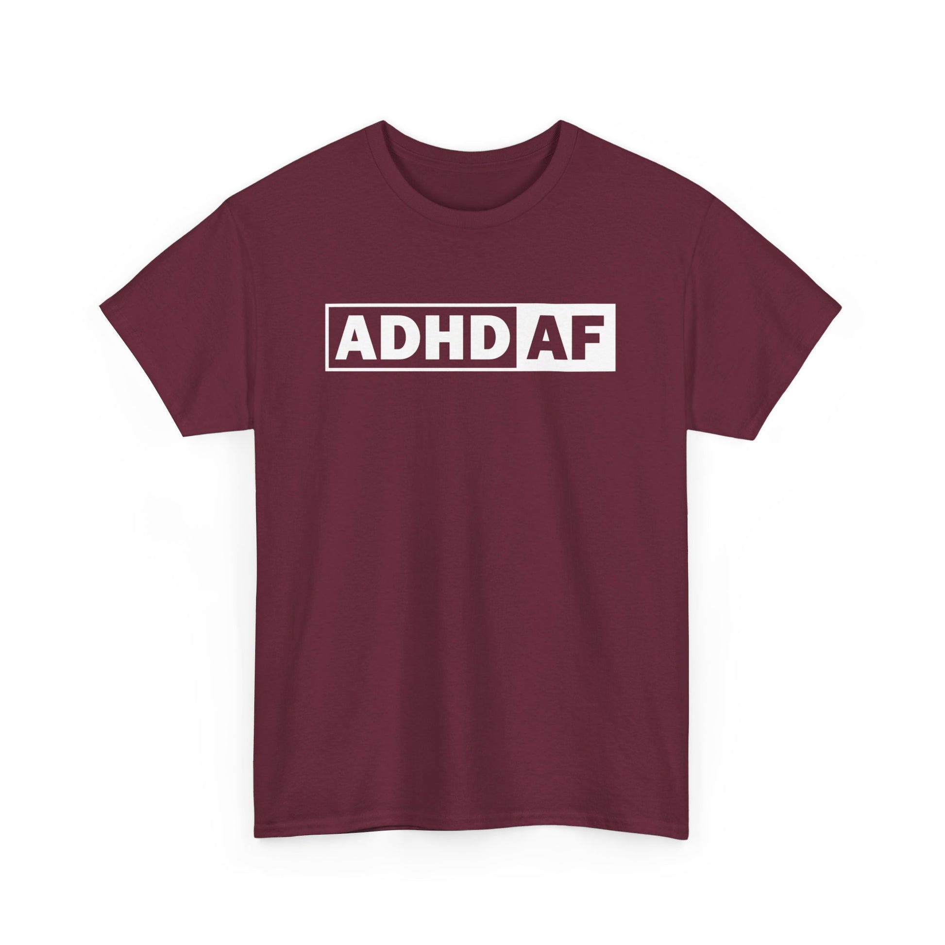 Front view of a maroon T-shirt with bold "ADHD AF" text. Part of the Vivid Divergence Sensory Friendly Unisex Tees Range.