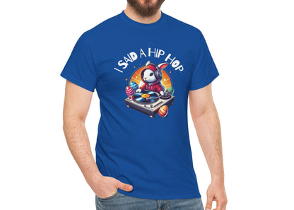 Man wearing a blue Easter T-shirt featuring a rapping bunny with "I Said A Hip Hop" text, a fun and funky holiday choice. Hop into the season in style and shop Easter shirts online today!