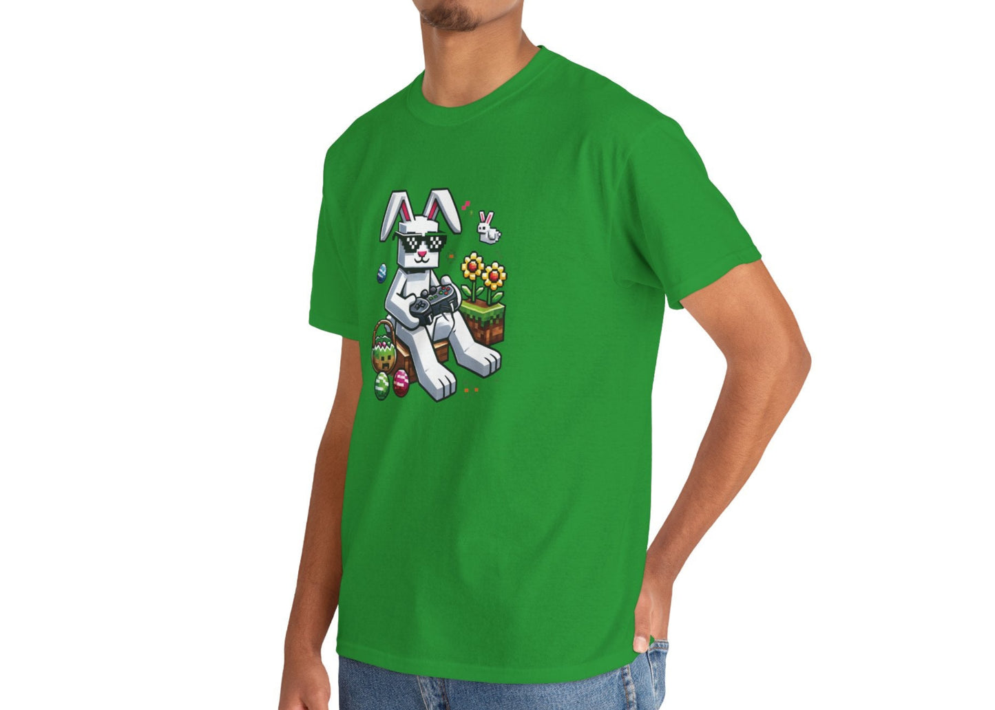 Man wearing a green Easter T-shirt showcasing a pixelated Easter bunny with blocky eggs, a fun and festive gaming look. Hop into the season in style and shop Easter shirts online today!