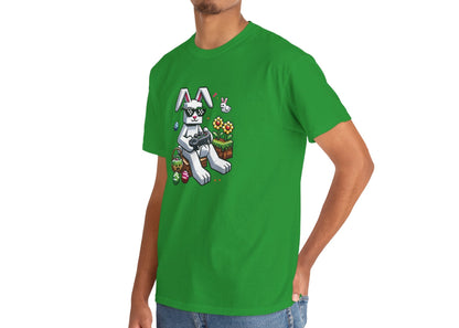 Man wearing a green Easter T-shirt showcasing a pixelated Easter bunny with blocky eggs, a fun and festive gaming look. Hop into the season in style and shop Easter shirts online today!