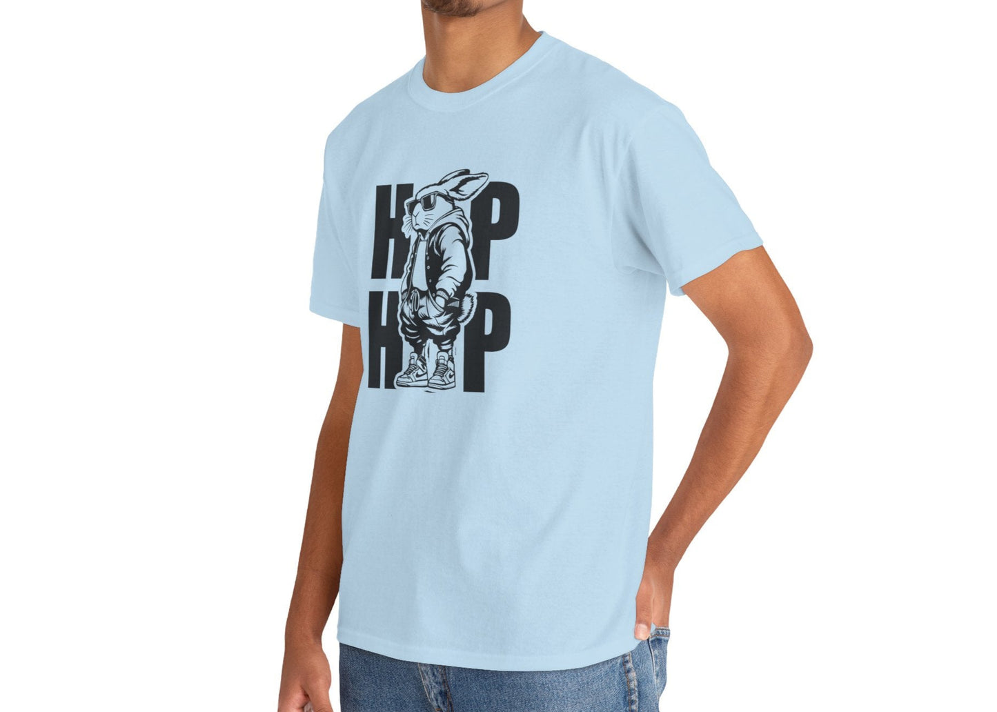 Man wearing a light blue Easter T-shirt with a hip-hop bunny and "HOP HOP" text, bringing an urban twist to Easter fashion. Hop into the season in style and shop Easter shirts online today!
