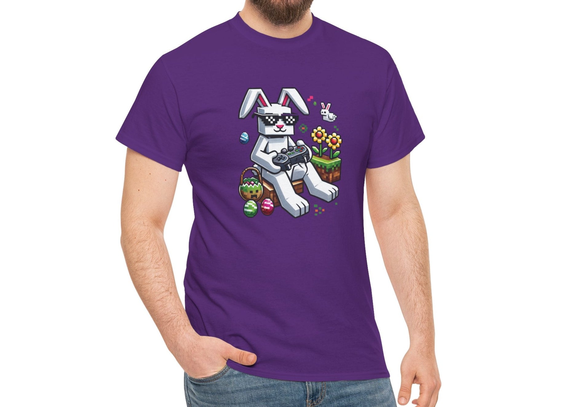Man wearing a purple Easter T-shirt showcasing a pixelated Easter bunny with blocky eggs, a fun and festive gaming look. Hop into the season in style and shop Easter shirts online today!