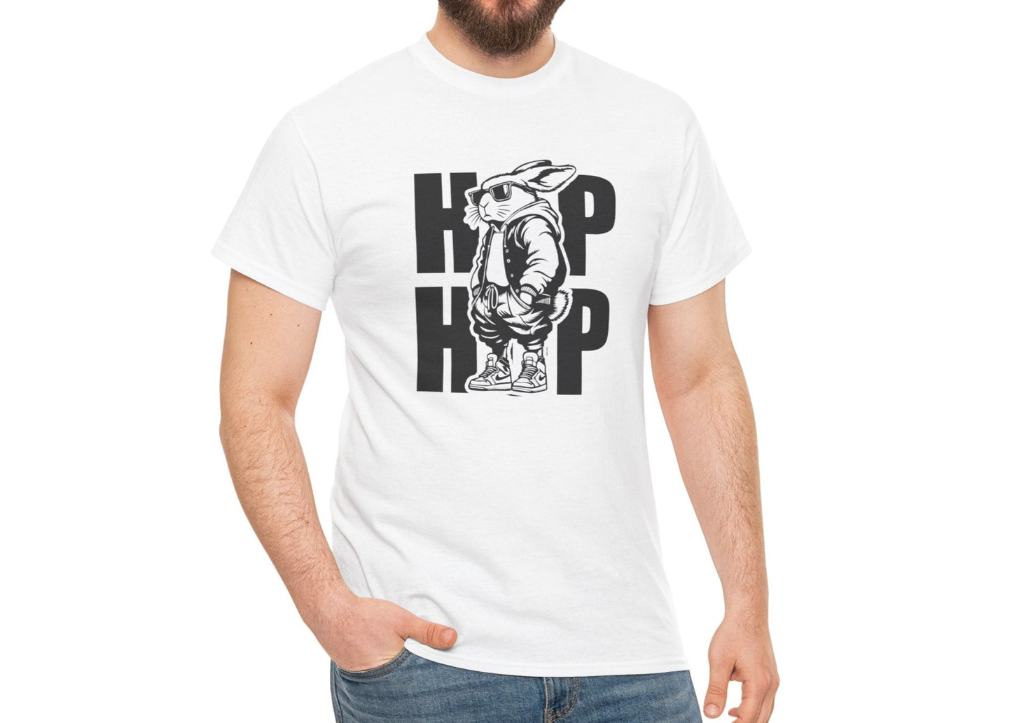 Man wearing a white Easter T-shirt featuring a hip-hop bunny with bold "HOP HOP" text, a stylish and cool holiday choice. Hop into the season in style and shop Easter shirts online today!