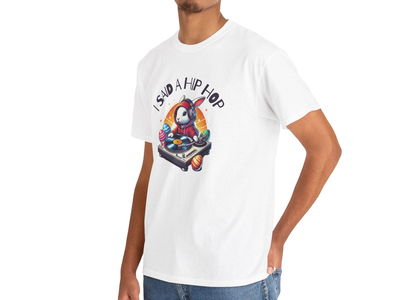 Man wearing a white Easter T-shirt with a cool Easter bunny in a hip-hop scene, perfect for rap lovers and Easter celebrations. Hop into the season in style and shop Easter shirts online today!