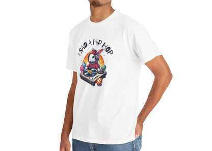 Man wearing a white Easter T-shirt with a cool Easter bunny in a hip-hop scene, perfect for rap lovers and Easter celebrations. Hop into the season in style and shop Easter shirts online today!