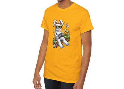 Man wearing a yellow Easter T-shirt featuring a blocky Minecraft-style bunny with eggs, a bold and playful holiday outfit. Hop into the season in style and shop Easter shirts online today!
