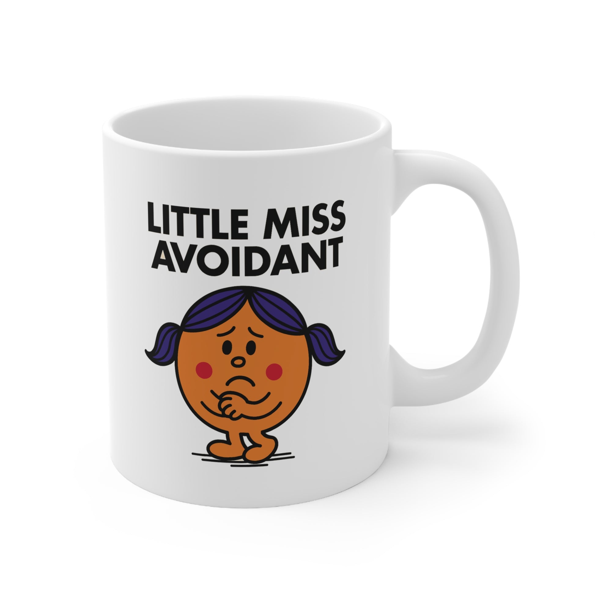Front view of white mug showing orange character with purple pigtails, eyes wide, lips trembling, clearly trying to dodge a deep convo. Text reads "Little Miss Avoidant." Part of the Vivid Divergence Little Miss Meme Collection!
