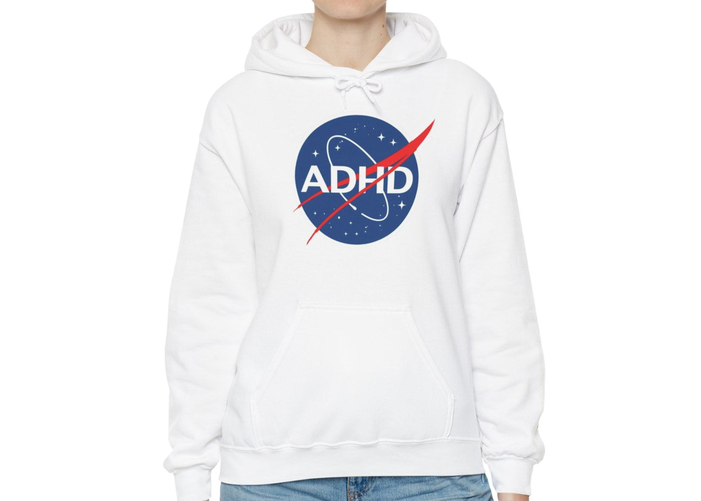 Model wearing a white hoodie with a NASA-inspired logo and the word "ADHD," standing with hands at sides. Part of the Vivid Divergence Sensory Friendly Unisex Hoodie Range.