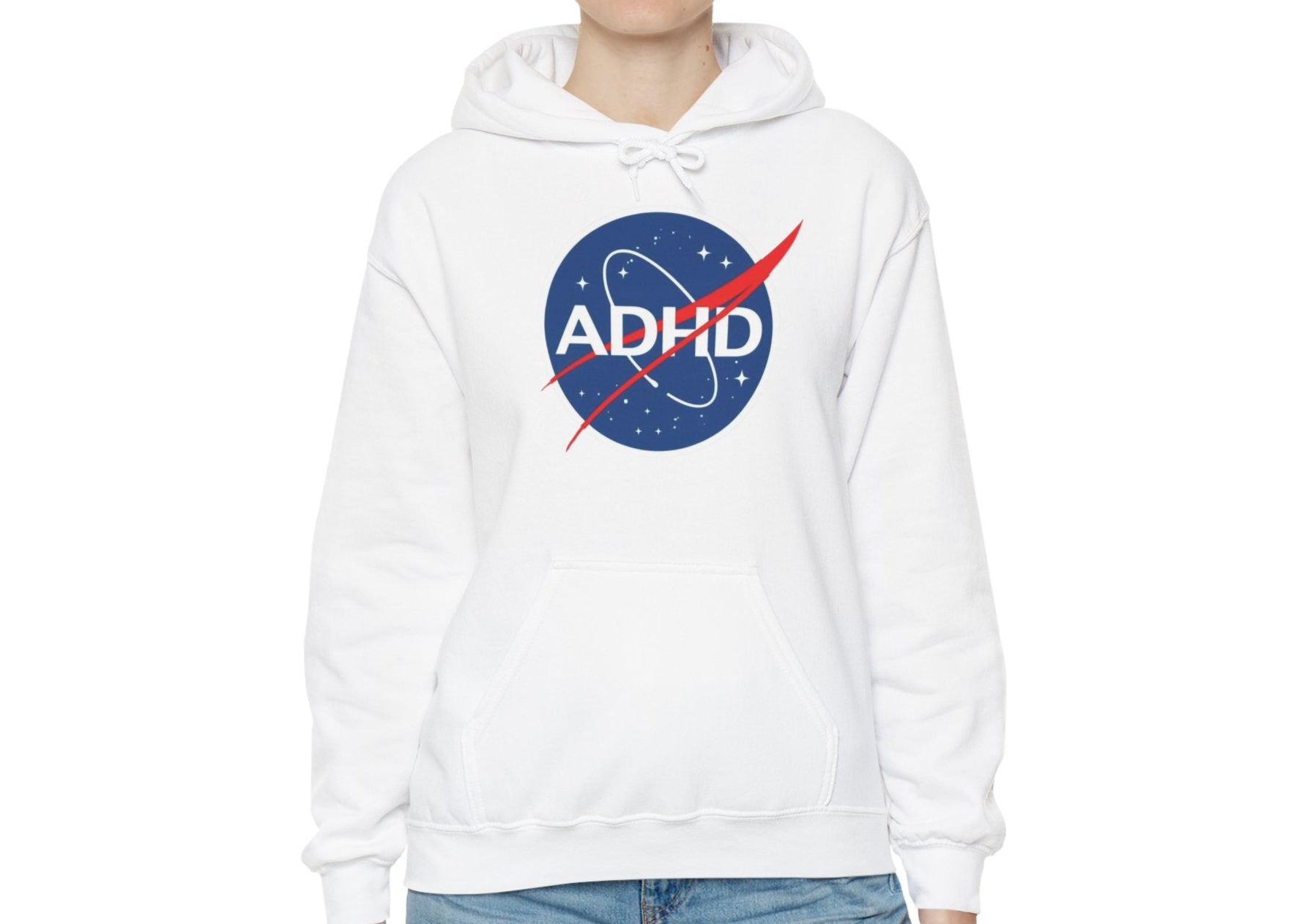 Model wearing a white hoodie with a NASA-inspired logo and the word "ADHD," standing with hands at sides. Part of the Vivid Divergence Sensory Friendly Unisex Hoodie Range.