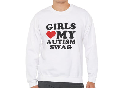 Model wearing a white sweatshirt with bold black text that reads "Girls ❤️ My Autism Swag," standing with hands at sides. Part of the Vivid Divergence Sensory Friendly Unisex Sweater Jumper Range.