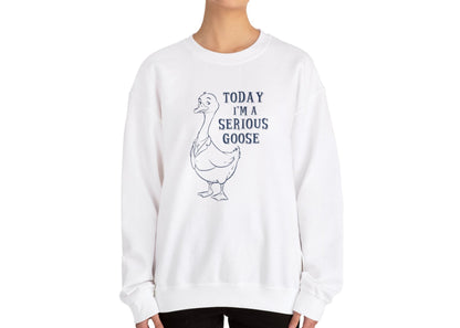 Model wearing a white sweatshirt with a cartoon goose and the text "Today I'm a Serious Goose," standing with hands at sides. Part of the Vivid Divergence Sensory Friendly Unisex Sweater Jumper Range.