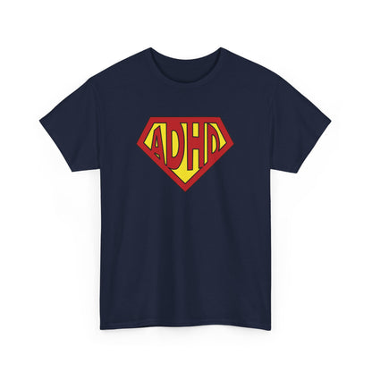 Front view of a navy T-shirt with a yellow and red ADHD logo styled in the Superman symbol. Part of the Vivid Divergence Sensory Friendly Unisex Tees Range.