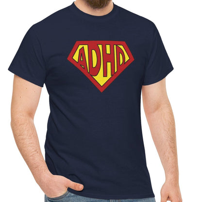 Side view of a navy T-shirt featuring a yellow and red ADHD logo styled in the Superman symbol. Part of the Vivid Divergence Sensory Friendly Unisex Tees Range.