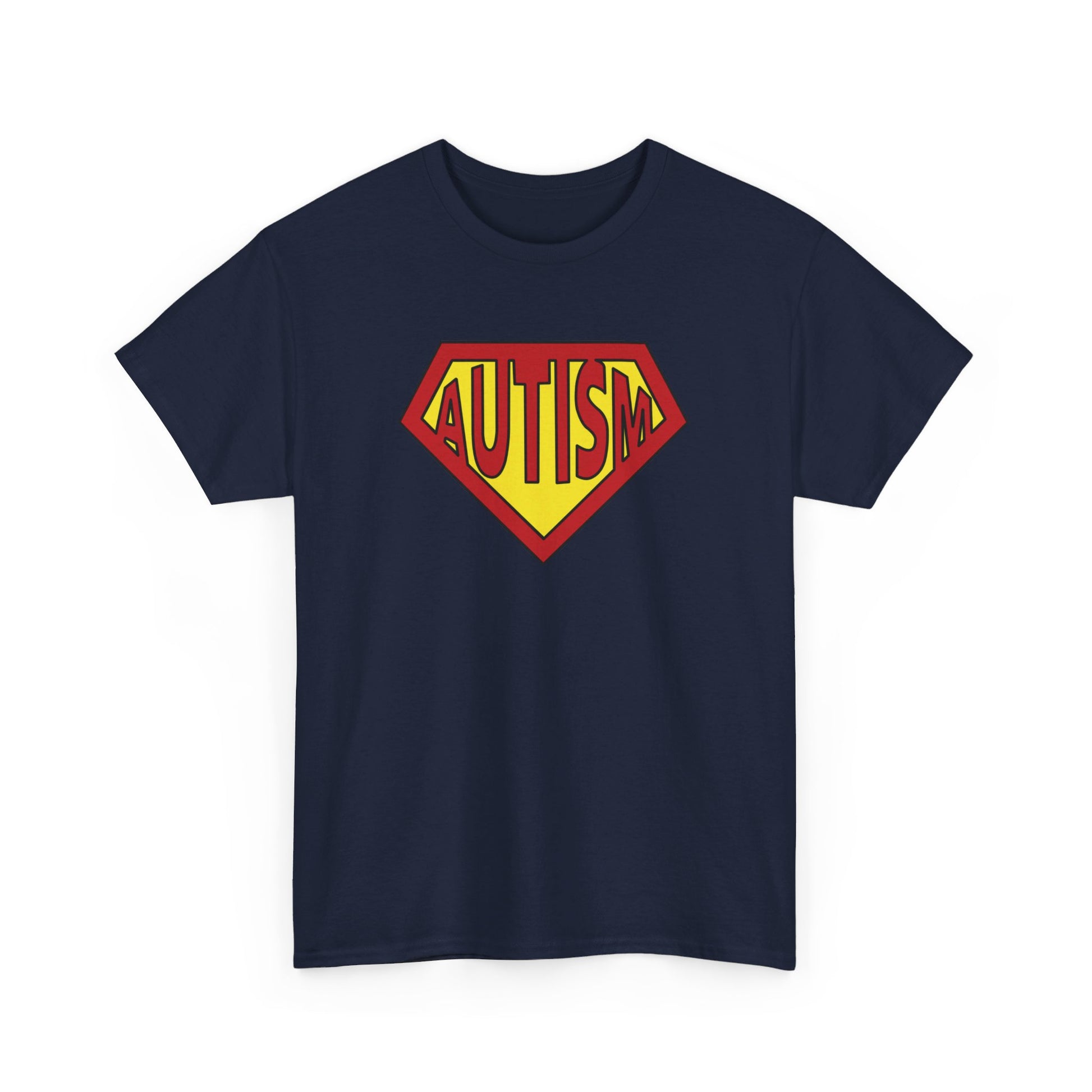Front view of a navy Autism Superpower T-shirt with a Superman-inspired logo. Part of the Vivid Divergence Sensory Friendly Unisex Tees Range.