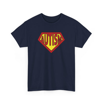 Front view of a navy Autism Superpower T-shirt with a Superman-inspired logo. Part of the Vivid Divergence Sensory Friendly Unisex Tees Range.