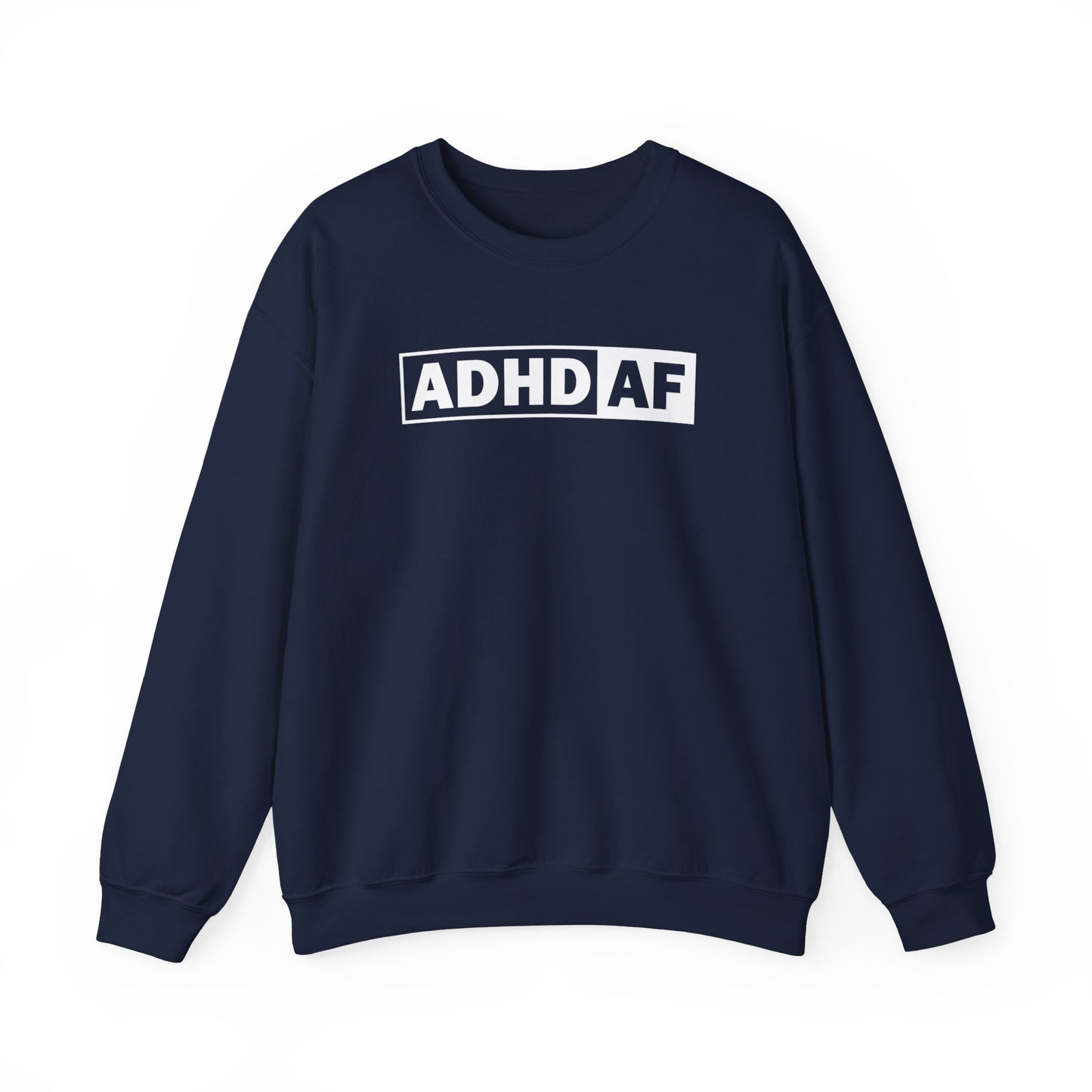 Front view of a navy blue sweater jumper with "ADHD AF" text in bold white lettering. Part of the Vivid Divergence Sensory Friendly Unisex Sweater Jumper Range.