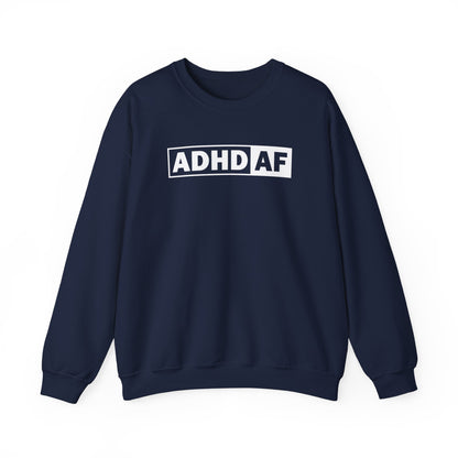 Front view of a navy blue sweater jumper with "ADHD AF" text in bold white lettering. Part of the Vivid Divergence Sensory Friendly Unisex Sweater Jumper Range.