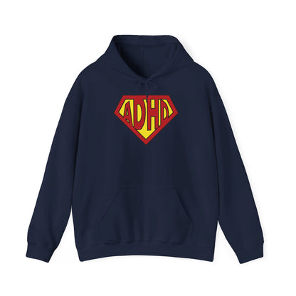 Front view of a navy blue hoodie featuring the text "ADHD" inside a Superman-style red and yellow shield design. Part of the Vivid Divergence Sensory Friendly Unisex Hoodie Range.