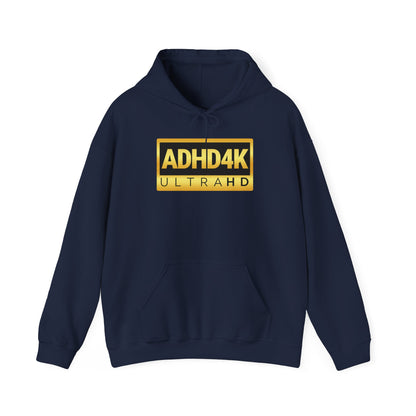Front view of a navy blue hoodie with the text "ADHD4K UltraHD" in bold yellow and black lettering inside a rectangular design. Part of the Vivid Divergence Sensory Friendly Unisex Hoodie Range.