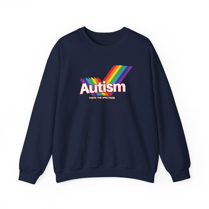 Flat-lay of a navy blue sweater jumper with an "Autism" Skittles brand parody design featuring rainbow stripes. Part of the Vivid Divergence Sensory Friendly Unisex Sweater Jumper Range.