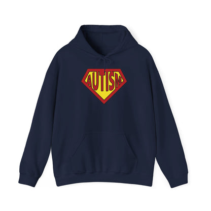 Front view of a navy blue hoodie featuring the text "Autism" inside a Superman-style red and yellow shield design. Part of the Vivid Divergence Sensory Friendly Unisex Hoodie Range.