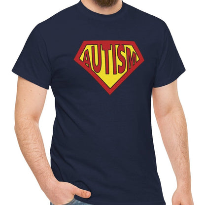 A person wearing a navy blue Autism Superpower T-shirt with rolled-up sleeves, highlighting the unisex design. Part of the Vivid Divergence Sensory Friendly Unisex Tees Range.