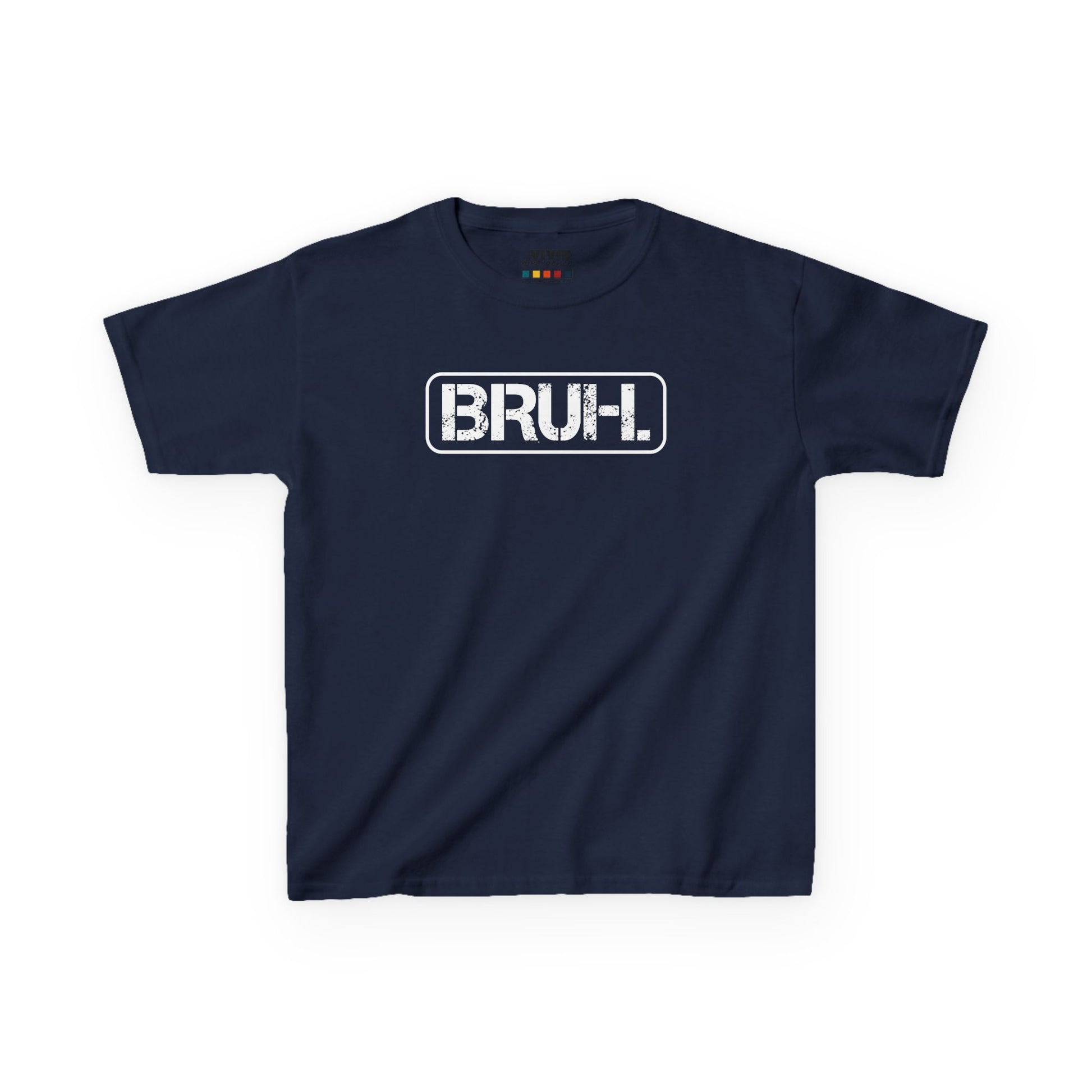 Front view of a navy blue "Bruh" meme kids T-shirt featuring bold white text in a rectangular box. Part of the Vivid Divergence Sensory Friendly Kids Shirts Range. The perfect T-shirt for sensory-sensitive kids and comes with a Sensory Satisfaction Promise.