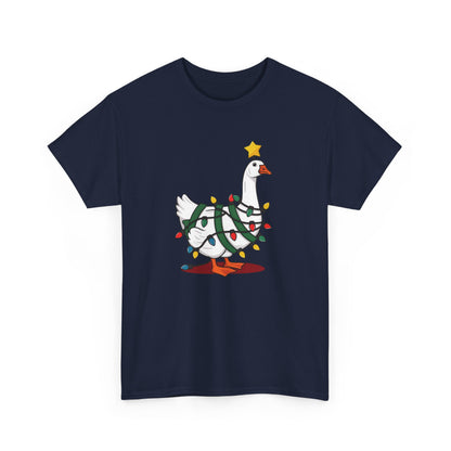 Front view of a navy blue T-shirt featuring a festive illustration of a goose wearing a Santa hat and stringing Christmas lights, with the text "Goose on the Loose." Part of the Vivid Divergence Sensory Friendly Unisex Tees Range.