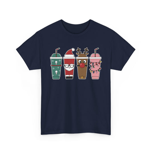 Front view of a navy blue T-shirt featuring a festive illustration of four iced coffee cups decorated with Christmas designs, including reindeer, Santa, and holiday patterns. Part of the Vivid Divergence Sensory Friendly Unisex Tees Range.