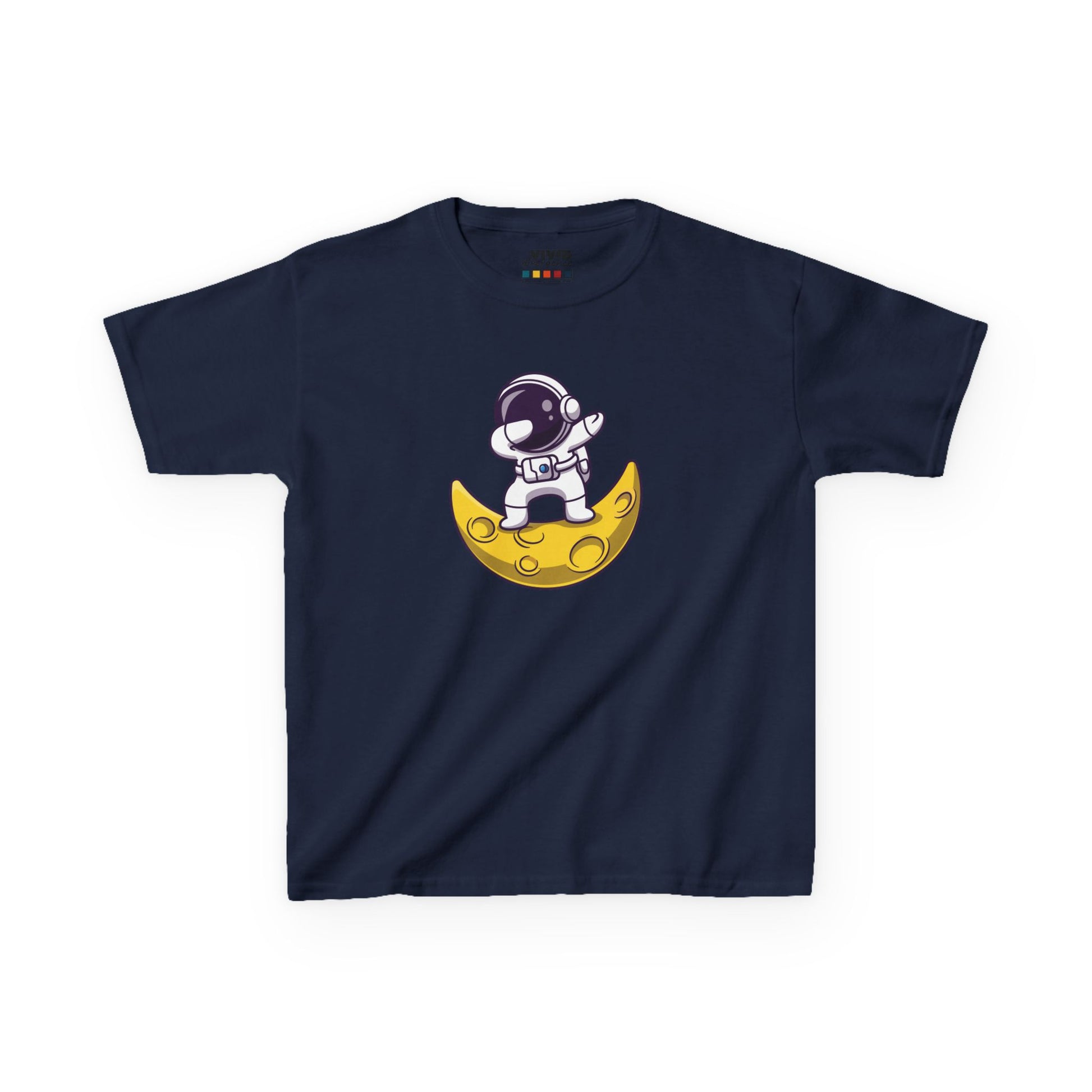 Front view of a navy blue "Dabbing Astronaut on the Moon" kids T-shirt featuring an astronaut dabbing while sitting on a crescent moon. Part of the Vivid Divergence Sensory Friendly Kids Shirts Range. The perfect T-shirt for sensory-sensitive kids and comes with a Sensory Satisfaction Promise.