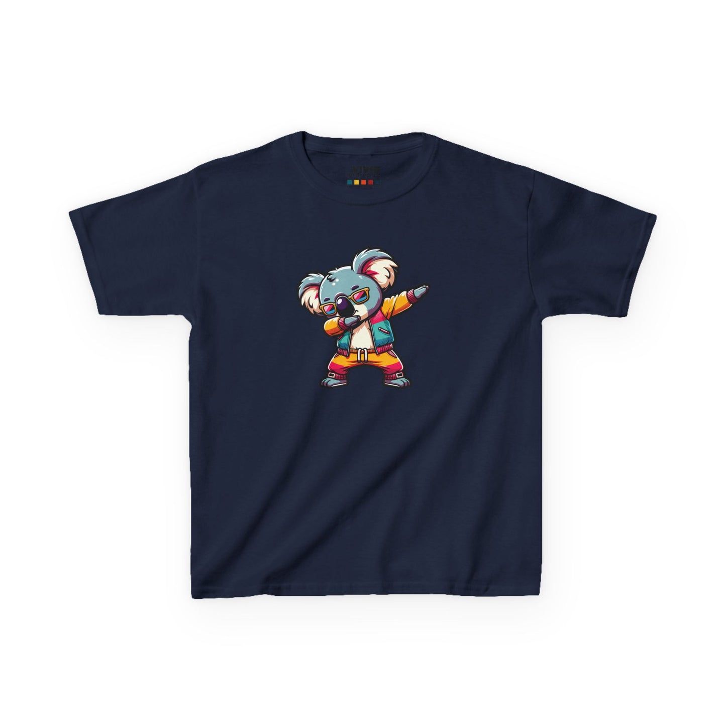 Front view of a navy blue "Dabbing Koala" kids T-shirt featuring a cartoon koala in a dabbing pose. Part of the Vivid Divergence Sensory Friendly Kids Shirts Range. The perfect T-shirt for sensory-sensitive kids and comes with a Sensory Satisfaction Promise.