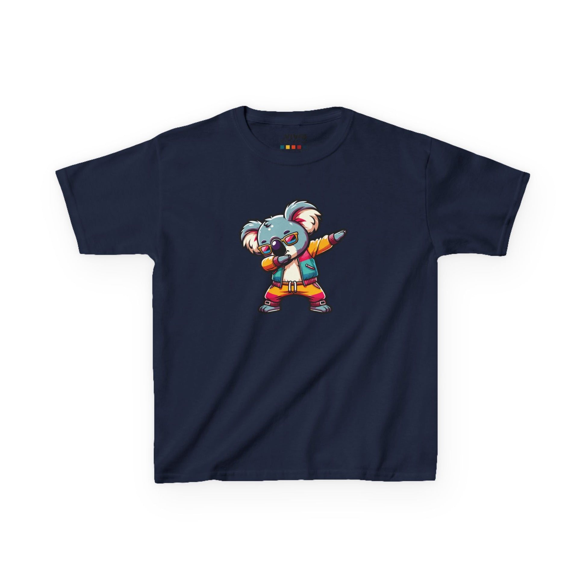 Front view of a navy blue "Dabbing Koala" kids T-shirt featuring a cartoon koala in a dabbing pose. Part of the Vivid Divergence Sensory Friendly Kids Shirts Range. The perfect T-shirt for sensory-sensitive kids and comes with a Sensory Satisfaction Promise.