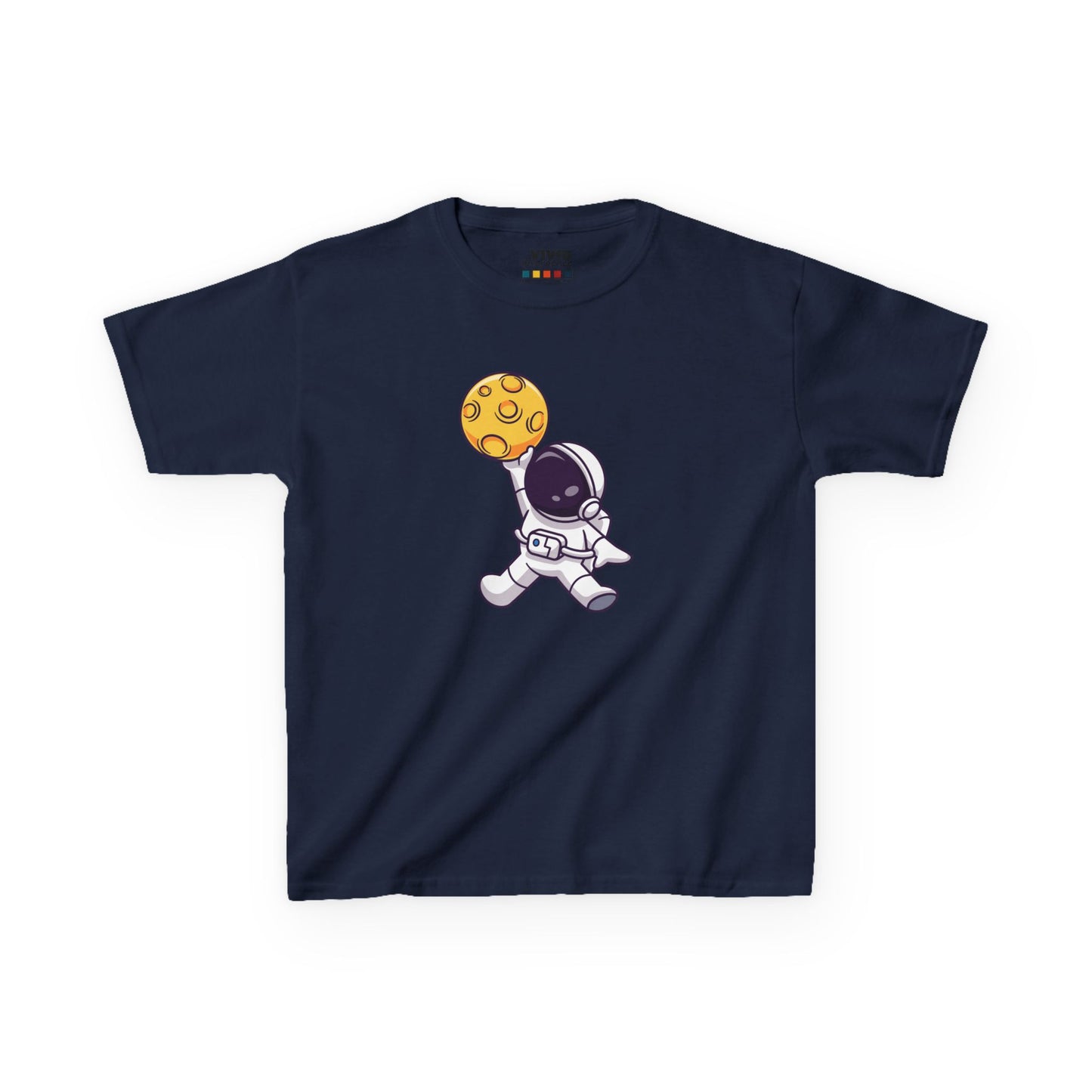 Front view of a navy blue "Dunking Astronaut" space basketball kids T-shirt featuring an astronaut dunking a basketball designed as a planet. Part of the Vivid Divergence Sensory Friendly Kids Shirts Range. The perfect T-shirt for sensory-sensitive kids and comes with a Sensory Satisfaction Promise.