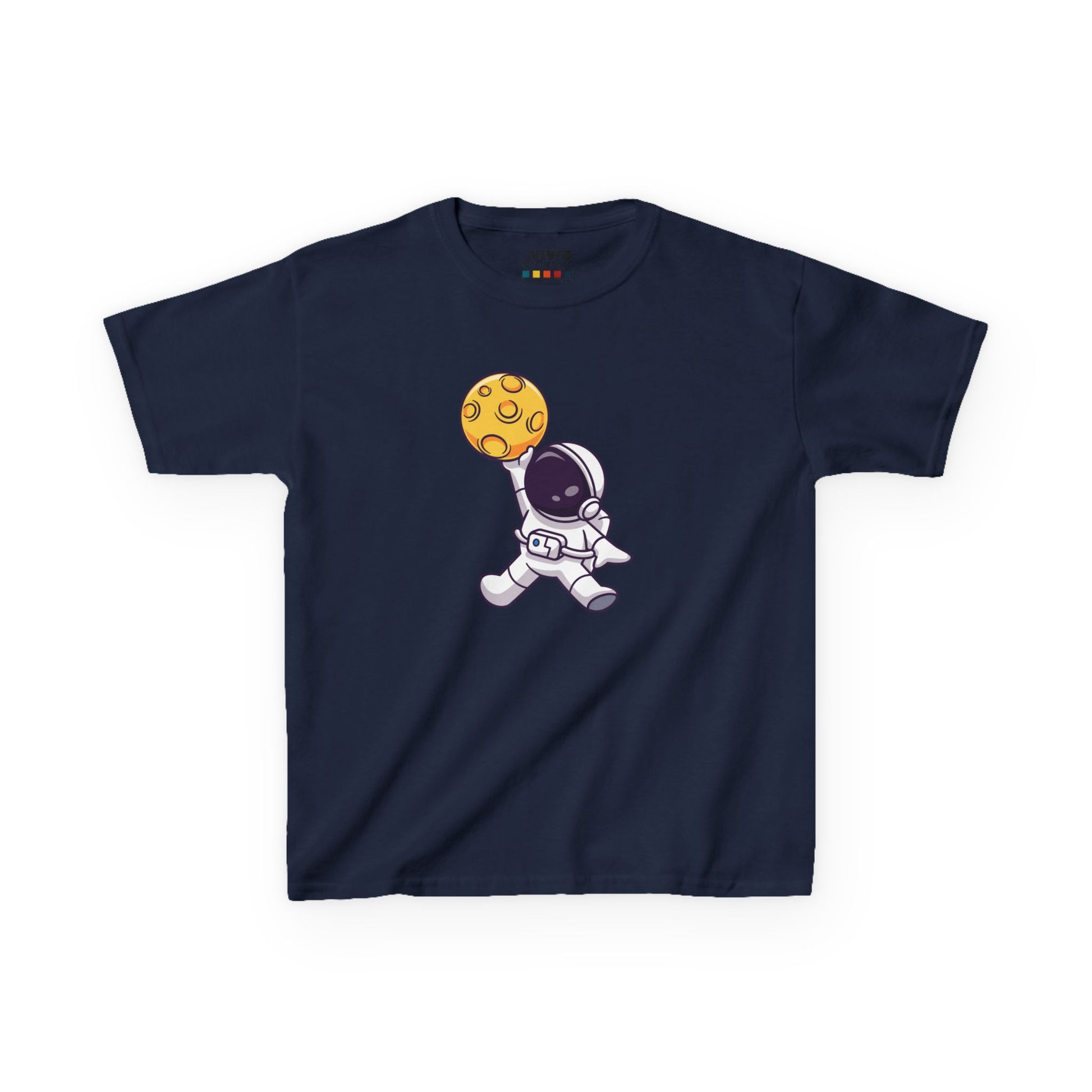 Front view of a navy blue "Dunking Astronaut" space basketball kids T-shirt featuring an astronaut dunking a basketball designed as a planet. Part of the Vivid Divergence Sensory Friendly Kids Shirts Range. The perfect T-shirt for sensory-sensitive kids and comes with a Sensory Satisfaction Promise.