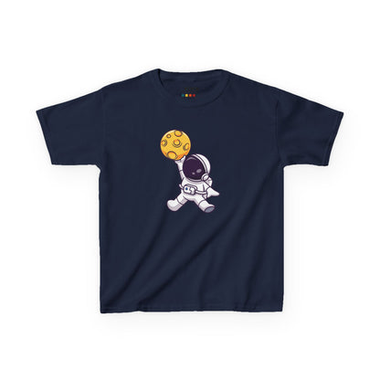Front view of a navy blue "Dunking Astronaut" space basketball kids T-shirt featuring an astronaut dunking a basketball designed as a planet. Part of the Vivid Divergence Sensory Friendly Kids Shirts Range. The perfect T-shirt for sensory-sensitive kids and comes with a Sensory Satisfaction Promise.