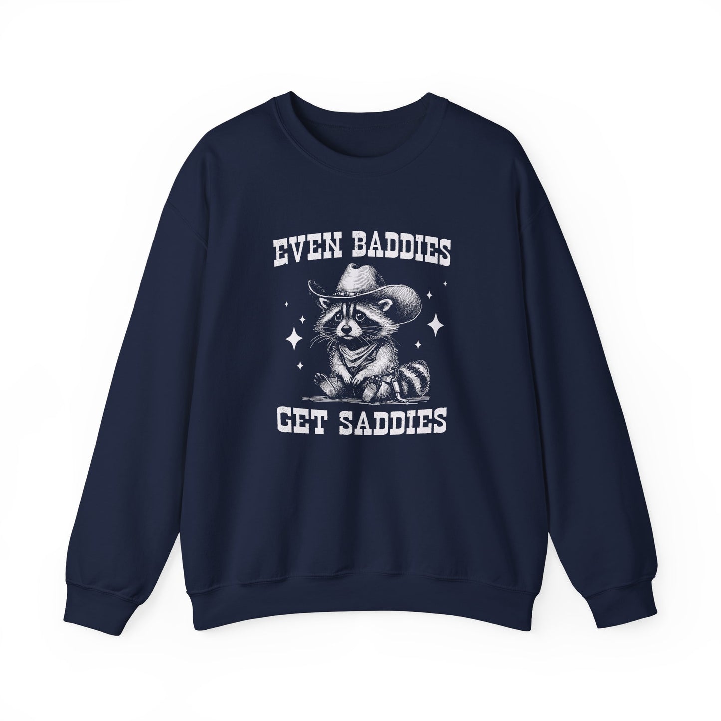 Front view of a navy blue sweater jumper with the text "Even Baddies Get Saddies" and a cartoon raccoon illustration. Part of the Vivid Divergence Sensory Friendly Unisex Sweater Jumper Range.