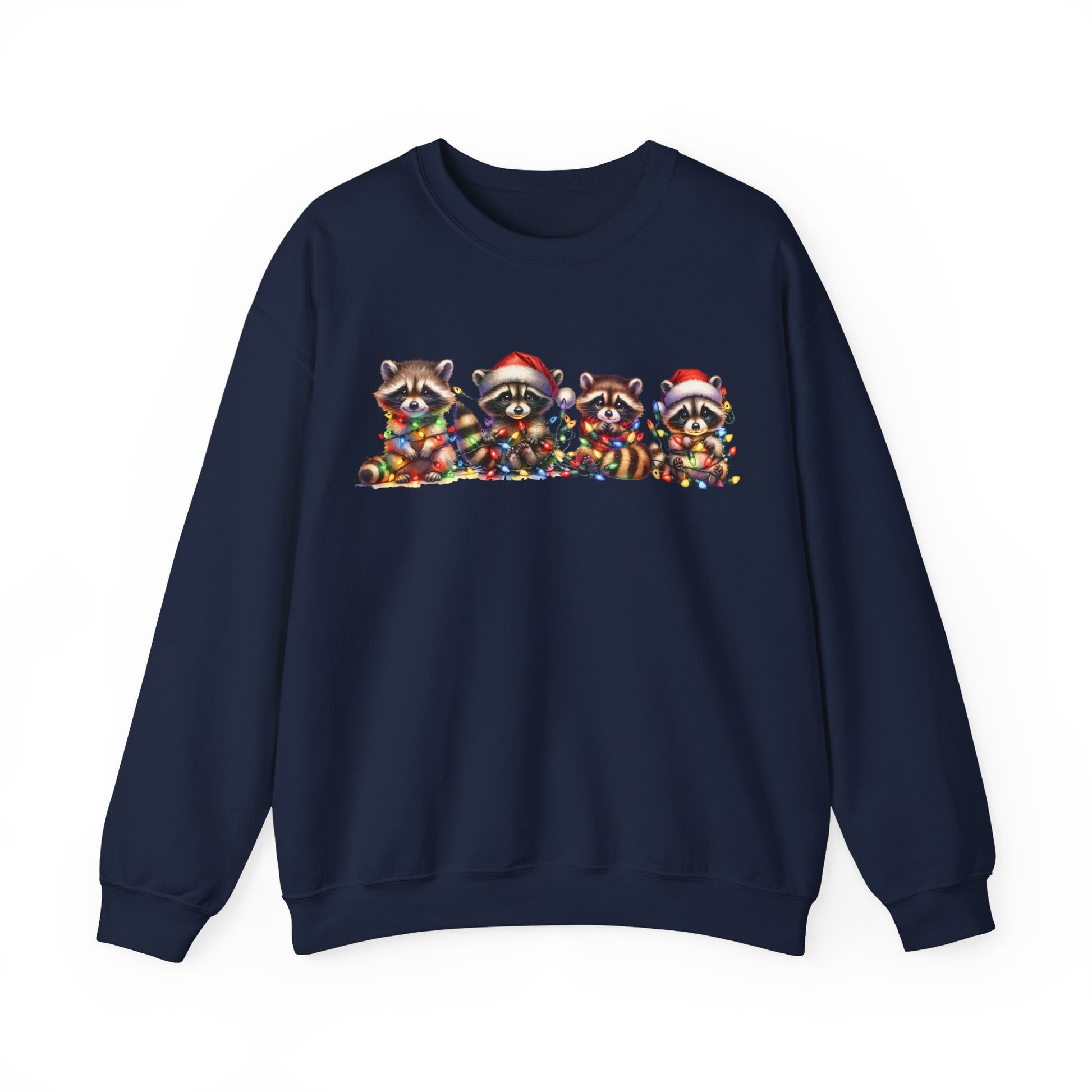 Front view of a navy blue sweatshirt featuring a festive illustration of raccoons in Christmas attire causing holiday chaos. Part of the Vivid Divergence Sensory Friendly Unisex Sweater Jumper Range.