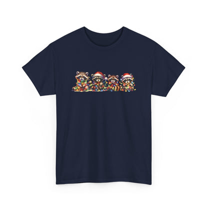 Front view of a navy blue T-shirt featuring a festive illustration of raccoons in Christmas attire causing holiday chaos. Part of the Vivid Divergence Sensory Friendly Unisex Tees Range.