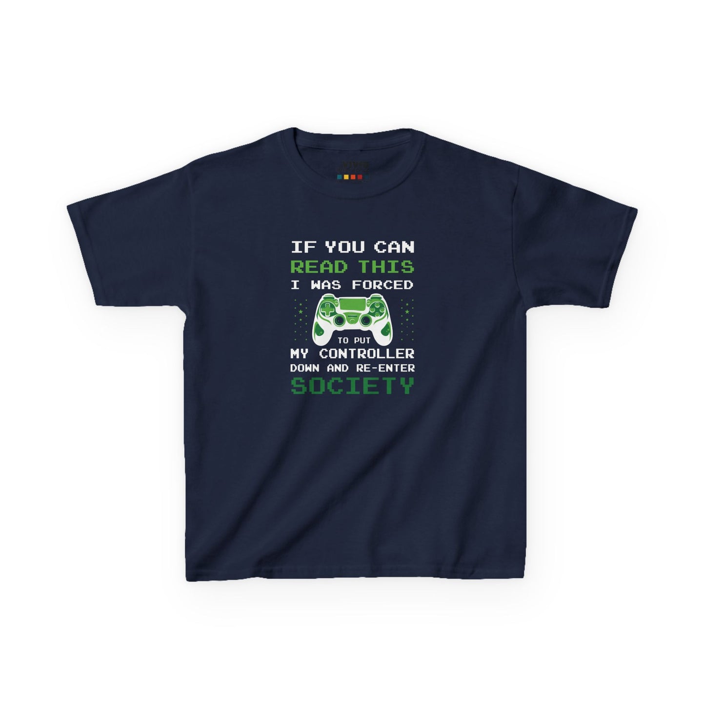 Front view of a navy blue "Forced to Put My Controller Down" kids T-shirt featuring a green game controller graphic and humorous text. Part of the Vivid Divergence Sensory Friendly Kids Shirts Range. The perfect T-shirt for sensory-sensitive kids and comes with a Sensory Satisfaction Promise.