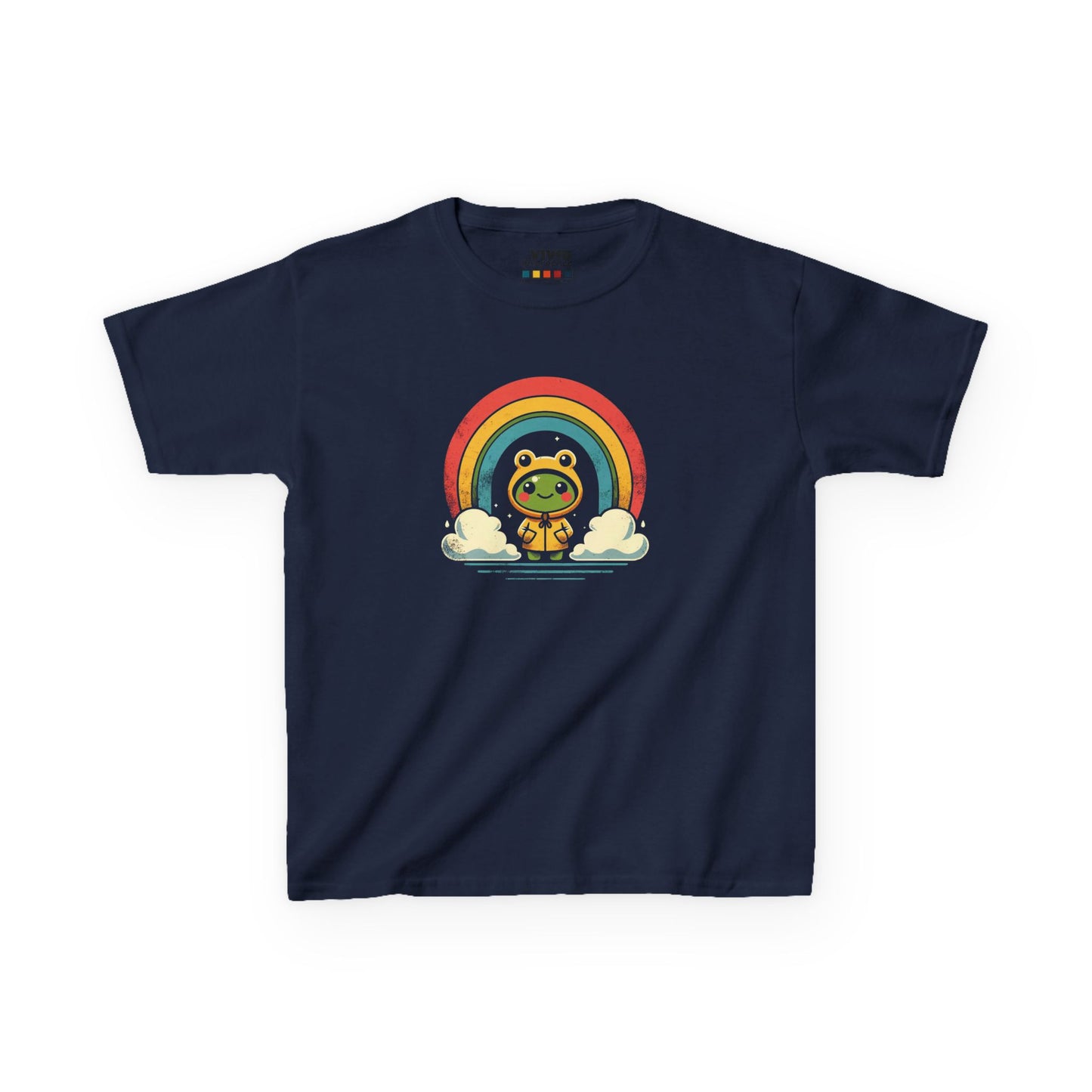 Front view of a navy blue "Frog Under Rainbow" kids T-shirt featuring a cute frog sitting under a colorful rainbow. Part of the Vivid Divergence Sensory Friendly Kids Shirts Range. The perfect T-shirt for sensory-sensitive kids and comes with a Sensory Satisfaction Promise.