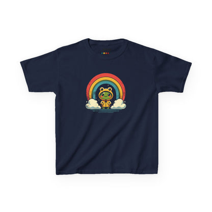 Front view of a navy blue "Frog Under Rainbow" kids T-shirt featuring a cute frog sitting under a colorful rainbow. Part of the Vivid Divergence Sensory Friendly Kids Shirts Range. The perfect T-shirt for sensory-sensitive kids and comes with a Sensory Satisfaction Promise.