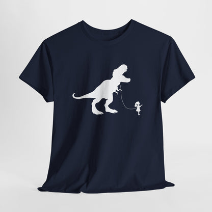 Hanging navy blue T-shirt featuring a white silhouette of a girl walking a T-Rex on a leash. Part of the Vivid Divergence Sensory Friendly Unisex Tees Range.
