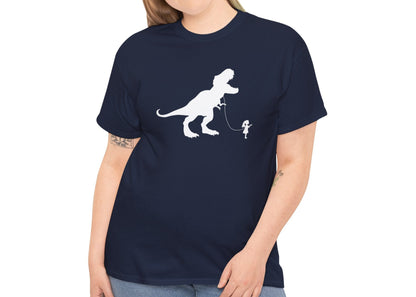 Model wearing a navy blue T-shirt featuring a white silhouette of a girl walking a T-Rex on a leash. Part of the Vivid Divergence Sensory Friendly Unisex Tees Range.