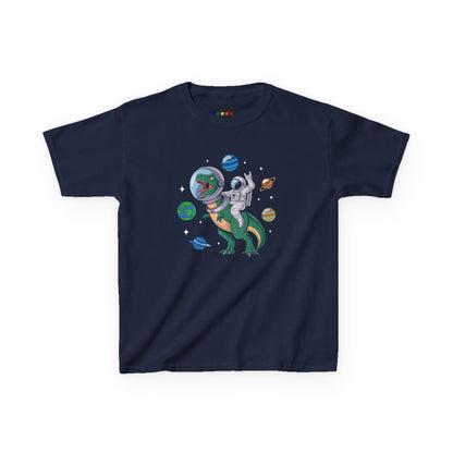Front view of a navy blue "Jurassic Space Jam" kids T-shirt featuring a dinosaur and astronaut floating among planets. Part of the Vivid Divergence Sensory Friendly Kids Shirts Range. The perfect T-shirt for sensory-sensitive kids and comes with a Sensory Satisfaction Promise.