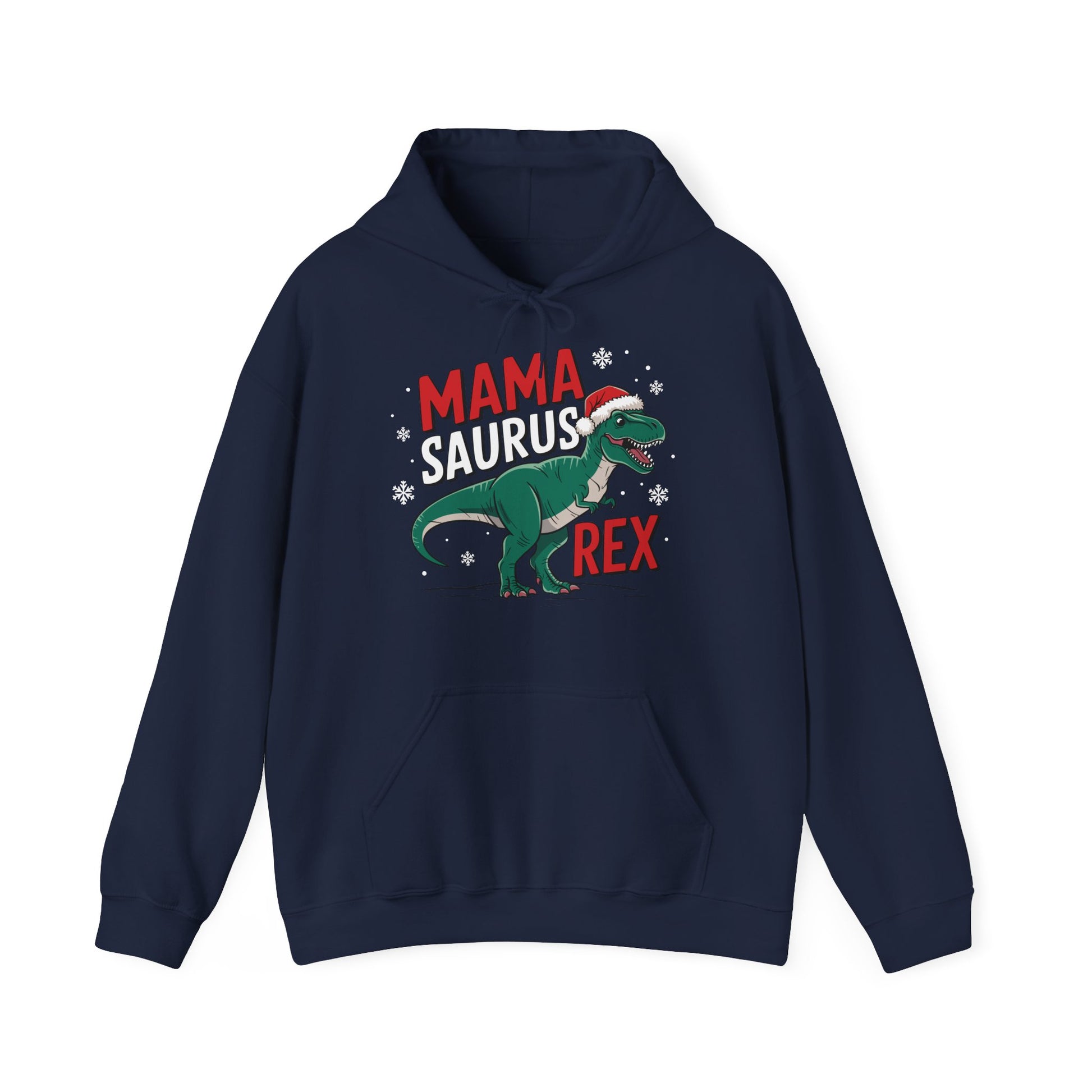 Front view of a navy blue hoodie featuring a "Mama-Saurus Rex" design with a festive dinosaur illustration. Part of the Vivid Divergence Sensory Friendly Unisex Hoodie Range.