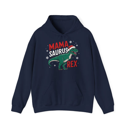 Front view of a navy blue hoodie featuring a "Mama-Saurus Rex" design with a festive dinosaur illustration. Part of the Vivid Divergence Sensory Friendly Unisex Hoodie Range.