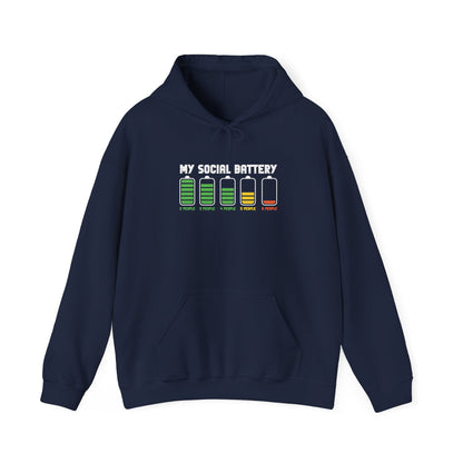 Front view of a navy blue hoodie featuring the text "My Social Battery" with a series of battery icons decreasing from full to empty. Part of the Vivid Divergence Sensory Friendly Unisex Hoodie Range.